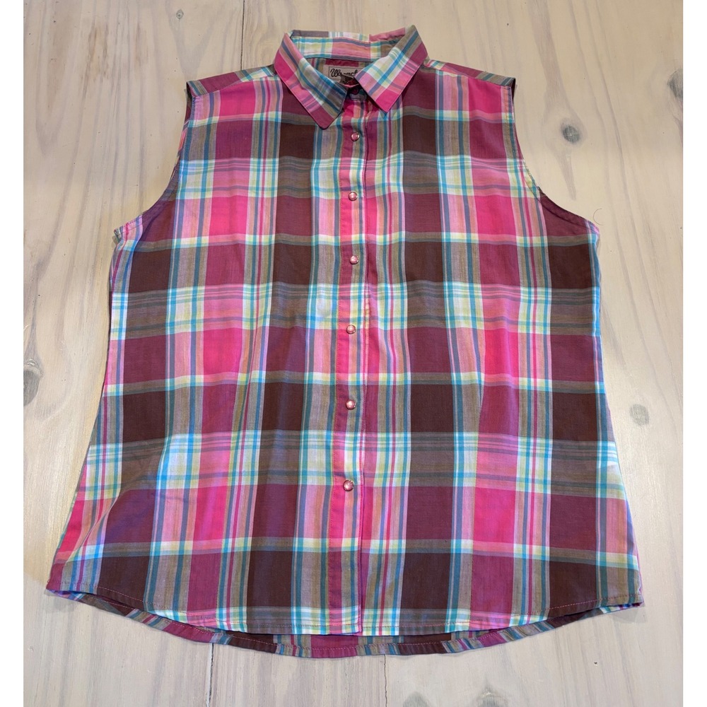 Wrancher by Wrangler Womens Large Pink Plaid Sleeveless Western Pearl Snap Shirt